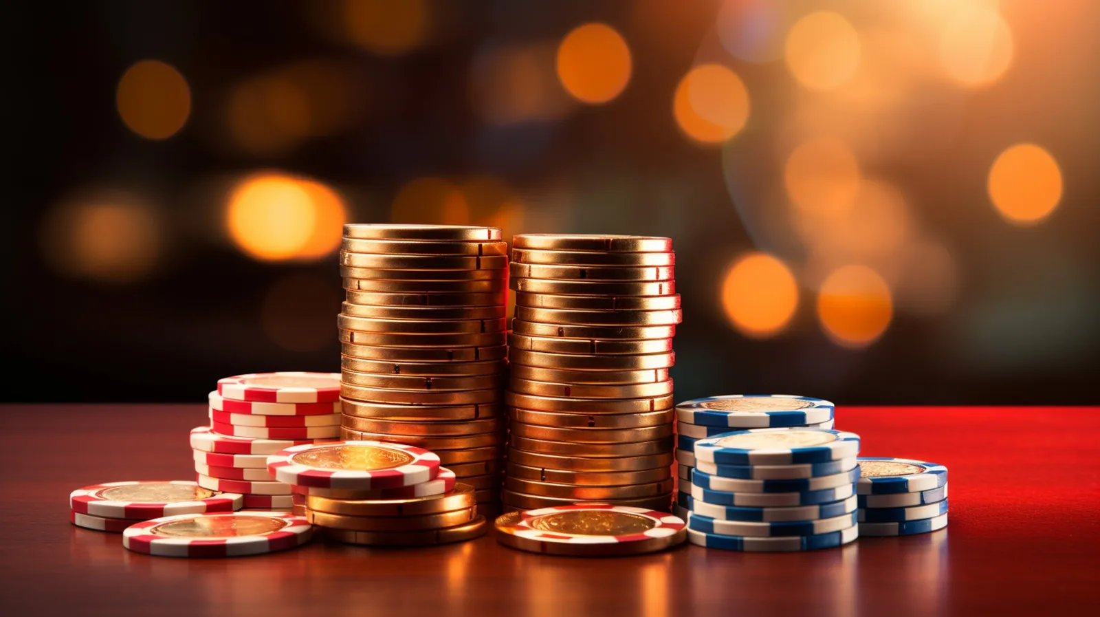 Pilas de monedas doradas y fichas de casino sobre una mesa roja